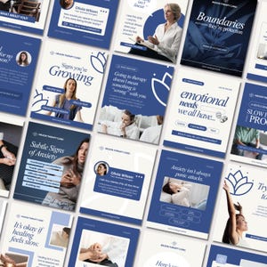 Peut inclure: Une collection de graphiques de médias sociaux bleus et blancs de la clinique de thérapie Wilson. Les graphiques présentent du texte et des images liées à la santé mentale, notamment des sujets tels que l'anxiété, les limites et les besoins émotionnels. Le thème général est centré sur la thérapie et l'amélioration de soi.