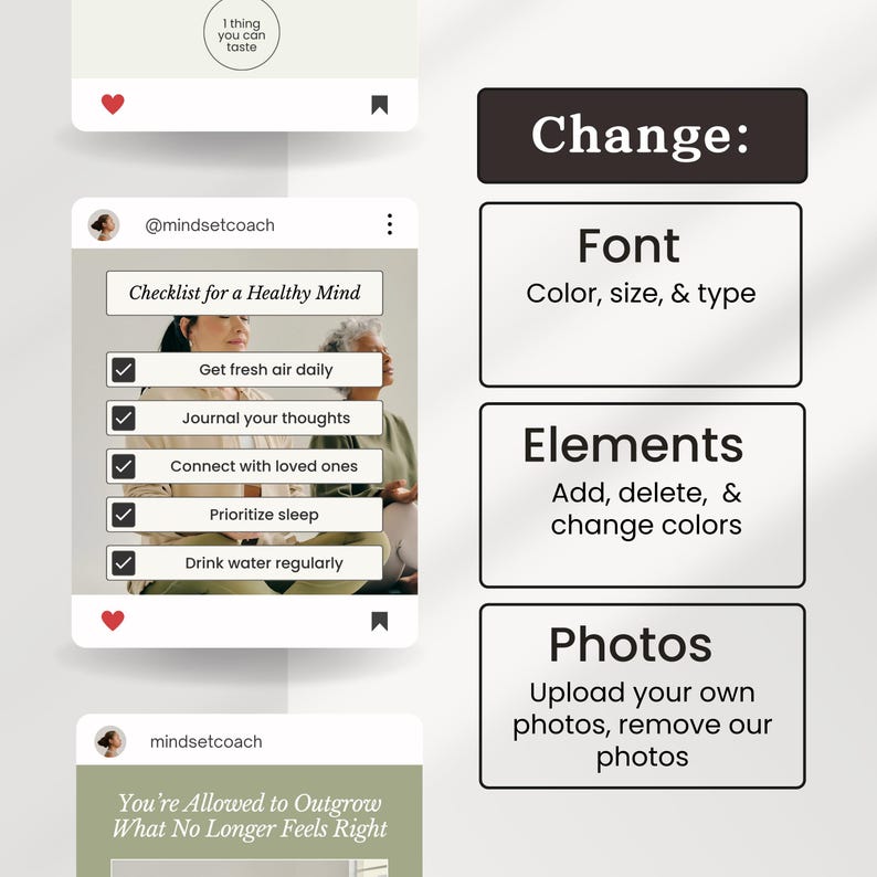 May include: Two Instagram posts with a light green background. The first post features a checklist for a healthy mind with five items: get fresh air daily, journal your thoughts, connect with loved ones, prioritize sleep, and drink water regularly. The second post features a light green background with the text "You're Allowed to Outgrow What No Longer Feels Right".