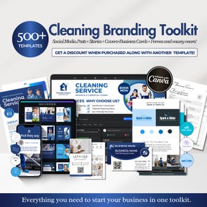 May include: A Cleaning Branding Toolkit with over 500 templates for social media, business cards, and more. The image displays various digital mockups, including a tablet, phone, and printed materials, all featuring a blue and white colour scheme. Text includes "Cleaning Service" and "Editable with Canva."