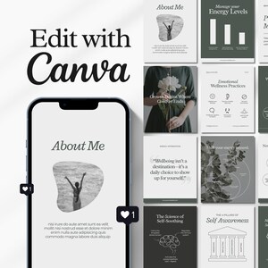 K&ouml;nnte beinhalten: Ein Smartphone zeigt ein Canva-Design mit dem Text "About Me" und einer Grafik einer Person. Um das Telefon herum befinden sich Social-Media-Vorlagen mit Wellness-Themen, darunter "Manage your Energy Levels" und "Emotional Wellness Practices".
