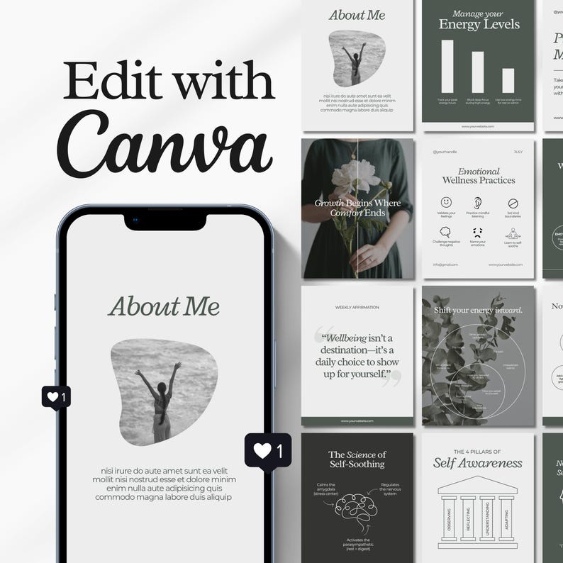K&ouml;nnte beinhalten: Ein Smartphone zeigt ein Canva-Design mit dem Text "About Me" und einer Grafik einer Person. Um das Telefon herum befinden sich Social-Media-Vorlagen mit Wellness-Themen, darunter "Manage your Energy Levels" und "Emotional Wellness Practices".