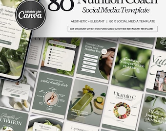 80 plantillas de publicaciones de Instagram para coaches de nutrición / Plantillas de bienestar / Interacción en Instagram / Publicaciones de nutricionistas en redes sociales / Plantillas de Canva