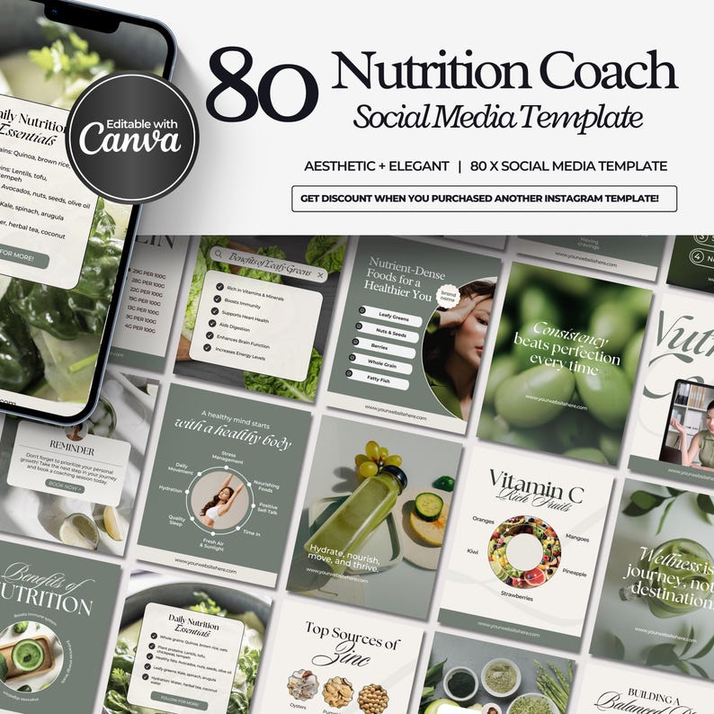 May include: A collection of 80 social media templates for a nutrition coach. The templates feature a green and white color scheme with images of food and text about healthy eating. The text on the templates includes phrases like "Nutrient-Dense Foods for a Healthier You", "Consistency Beats Perfection Every Time", and "Hydrate, Nourish, Move, and Thrive".