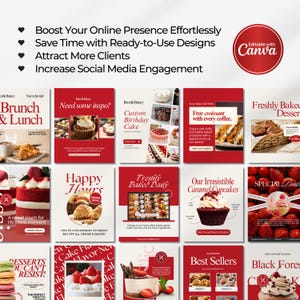 Editable bakery Instagram templates featuring cake posts, bakery menus, food photography layouts, promotional carousels, and social media ads for bakeries, cake shops, and food bloggers.