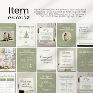 May include: A digital download of 80 Instagram post templates, 80 Instagram story templates, and 40 Instagram highlight covers. The templates feature a green and white color scheme with motivational quotes and tips for self-care, mindfulness, and positive thinking.