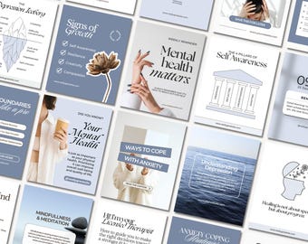 May include: A collection of social media graphics with tips for mental health and well-being. The graphics feature a variety of colors and designs, including blue, gray, and white. The graphics include text such as "Mental Health Matters", "Signs of Growth", "Ways to Cope with Anxiety", and "Grounding Techniques".