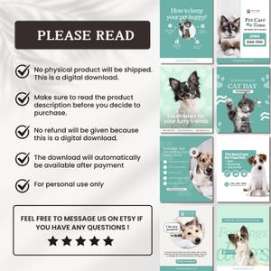 K&ouml;nnte beinhalten: Werbung f&uuml;r einen digitalen Download mit Tipps und Dienstleistungen f&uuml;r Haustiere. Das Design enth&auml;lt Bilder von Katzen und Hunden sowie Text wie "Bitte lesen" und "Frische Looks f&uuml;r Ihre pelzigen Freunde".