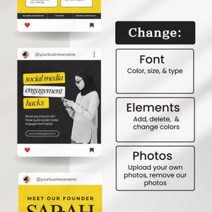 Pu&ograve; includere: Due modelli di post di Instagram con sfondo nero e accenti gialli. Il primo post presenta una donna che indossa un hijab e guarda il suo telefono. Il testo recita "social media engagement hacks". Il secondo post presenta uno sfondo giallo con il testo "MEET OUR FOUNDER SARAH".