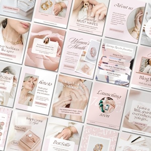 May include: A collection of pink and white promotional materials for jewelry, featuring images of rings, bracelets, and necklaces. Text includes "Jewelry Must Haves," "Women's Month," and "Best Seller."