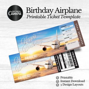 Birthday Airplane Ticket Printable, Surprise Trip Ticket, Boarding Pass, Birthday Gift, Surprise Vacation, Canva Editable Airplane Ticket
