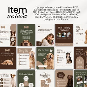 Modern dog Instagram templates featuring pet infographics, dog training tips, grooming and walking content, aesthetic posts, pet Facebook graphics, and UGC designs for pet shops, trainers, groomers, and dog walkers.