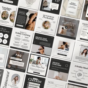 Peut inclure: Ensemble de publications carrées pour les réseaux sociaux au design minimaliste. Les publications présentent des images de personnes, du texte et des graphiques liés au coaching holistique, à la productivité et aux soins personnels. La palette de couleurs est principalement noire, blanche et grise.