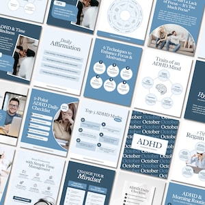 Pode incluir: Uma coleção de materiais informativos com um esquema de cores azul e branco. Os documentos cobrem tópicos relacionados ao TDAH, incluindo listas de verificação diárias, mitos e técnicas para foco e motivação. O texto "Mês de Conscientização do TDAH" é visível.