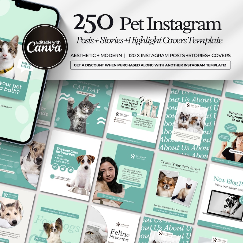 Editable pet care Instagram templates for veterinarians, pet shops, grooming businesses, and dog walkers, featuring cat and pet posts, UGC content, Canva designs, and dog walking templates.