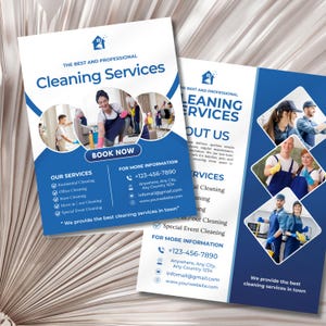 Editable cleaning business flyer template featuring residential and commercial cleaning services, professional company details, promotional offers, and a printable brochure design for cleaners and small businesses.