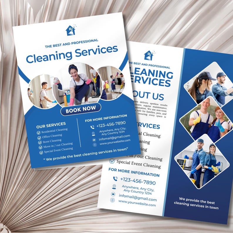 Editable cleaning business flyer template featuring residential and commercial cleaning services, professional company details, promotional offers, and a printable brochure design for cleaners and small businesses.