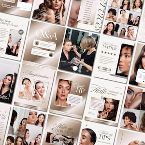 Peut inclure: Une collection de visuels pour les médias sociaux d'une maquilleuse. Les visuels présentent une variété d'images de mannequins avec différents looks de maquillage, ainsi que du texte qui promeut les services de l'artiste. Les visuels sont conçus de manière moderne et élégante, avec une palette de couleurs or et blanc.