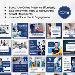 Editable cleaning business Instagram templates featuring residential and commercial cleaning service posts, house cleaning promotions, price lists, flyers, and professional social media designs for cleaning companies.