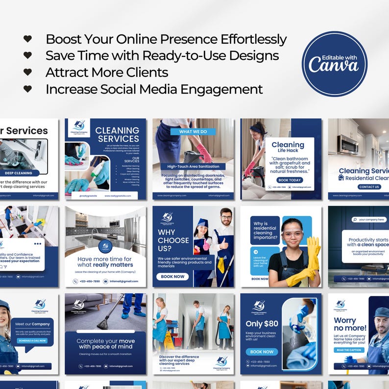 Editable cleaning business Instagram templates featuring residential and commercial cleaning service posts, house cleaning promotions, price lists, flyers, and professional social media designs for cleaning companies.