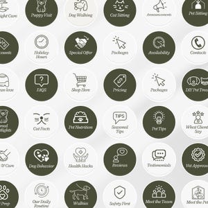 May include: A collection of circular icons featuring dark olive green backgrounds and white line art illustrations with text labels. The icons represent various pet care services and categories, including Puppy Visit, Dog Walking, Cat Sitting, Pricing, FAQs, Pet Nutrition, Reviews, and Testimonials.
