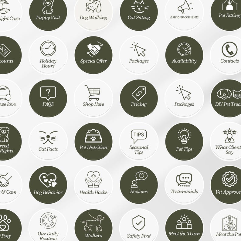 May include: A collection of circular icons featuring dark olive green backgrounds and white line art illustrations with text labels. The icons represent various pet care services and categories, including Puppy Visit, Dog Walking, Cat Sitting, Pricing, FAQs, Pet Nutrition, Reviews, and Testimonials.