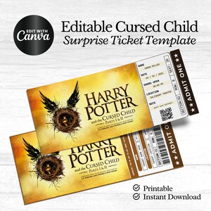 Bearbeitbare CURSED CHILD Surprise Reveal Event Geschenkvorlage, Cursed Child Broadway Musical Andenken Faux Geschenkkarte, druckbare Canva Vorlage