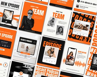 May include: A collage of social media graphics promoting a podcast. The graphics feature a variety of images, including a woman with a microphone, a laptop, and a person reading a book. The graphics are in black, white, and orange with text that says "New Podcast Episode", "Meet the Team", "Podcast Live", and "Olivia's Podcast".