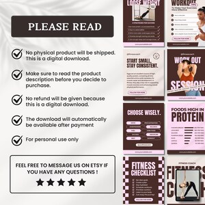 May include: A digital download for fitness tips and advice. The image includes a checklist, workout session, and food recommendations. The text "PLEASE READ" is at the top of the image. The text "FEEL FREE TO MESSAGE US ON ETSY IF YOU HAVE ANY QUESTIONS!" is at the bottom of the image.