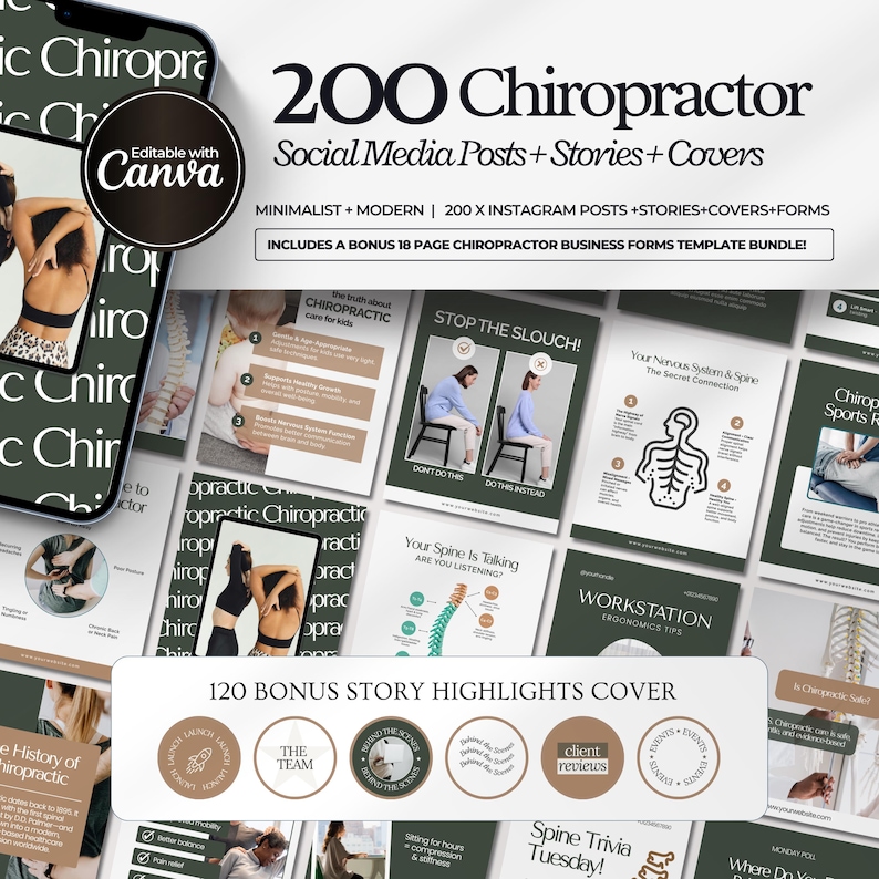 Editable chiropractic Instagram templates featuring chiropractor posts, clinic content, holistic health tips, chiropractic branding, educational carousels, and professional social media designs for chiropractic clinics and wellness practices.