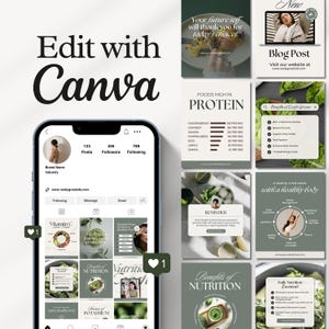 May include: A phone screen displaying a social media profile with a green and white color scheme. The profile has 123 posts, 456 followers, and 789 following. The profile picture is a woman with brown hair. The profile name is "Really Great Site". The profile bio is "Brand Name Industry". The profile has a website, a message button, and an email button. The profile also has a grid of nine images, each with a different image of food and text about nutrition. The images are in a 3x3 grid. The images are all in a green and white color scheme. The text on the images is in a white font. The images are all about nutrition and healthy eating.