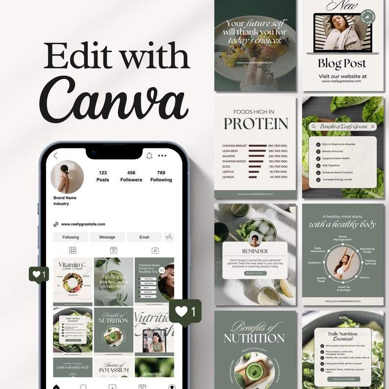 May include: A phone screen displaying a social media profile with a green and white color scheme. The profile has 123 posts, 456 followers, and 789 following. The profile picture is a woman with brown hair. The profile name is "Really Great Site". The profile bio is "Brand Name Industry". The profile has a website, a message button, and an email button. The profile also has a grid of nine images, each with a different image of food and text about nutrition. The images are in a 3x3 grid. The images are all in a green and white color scheme. The text on the images is in a white font. The images are all about nutrition and healthy eating.