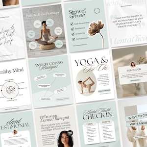 Può includere: Una collezione di dodici modelli digitali per social media a tema salute mentale e benessere. I design includono testo, illustrazioni di posizioni yoga, un fiore di loto e diagrammi del cervello in una palette color verde salvia e bianco.