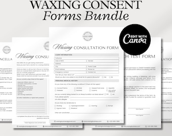 May include: A black and white printable bundle of waxing consent forms. The forms include a consultation form, a patch test form, and a cancellation form. The forms are fully editable with Canva and include a bonus business card.