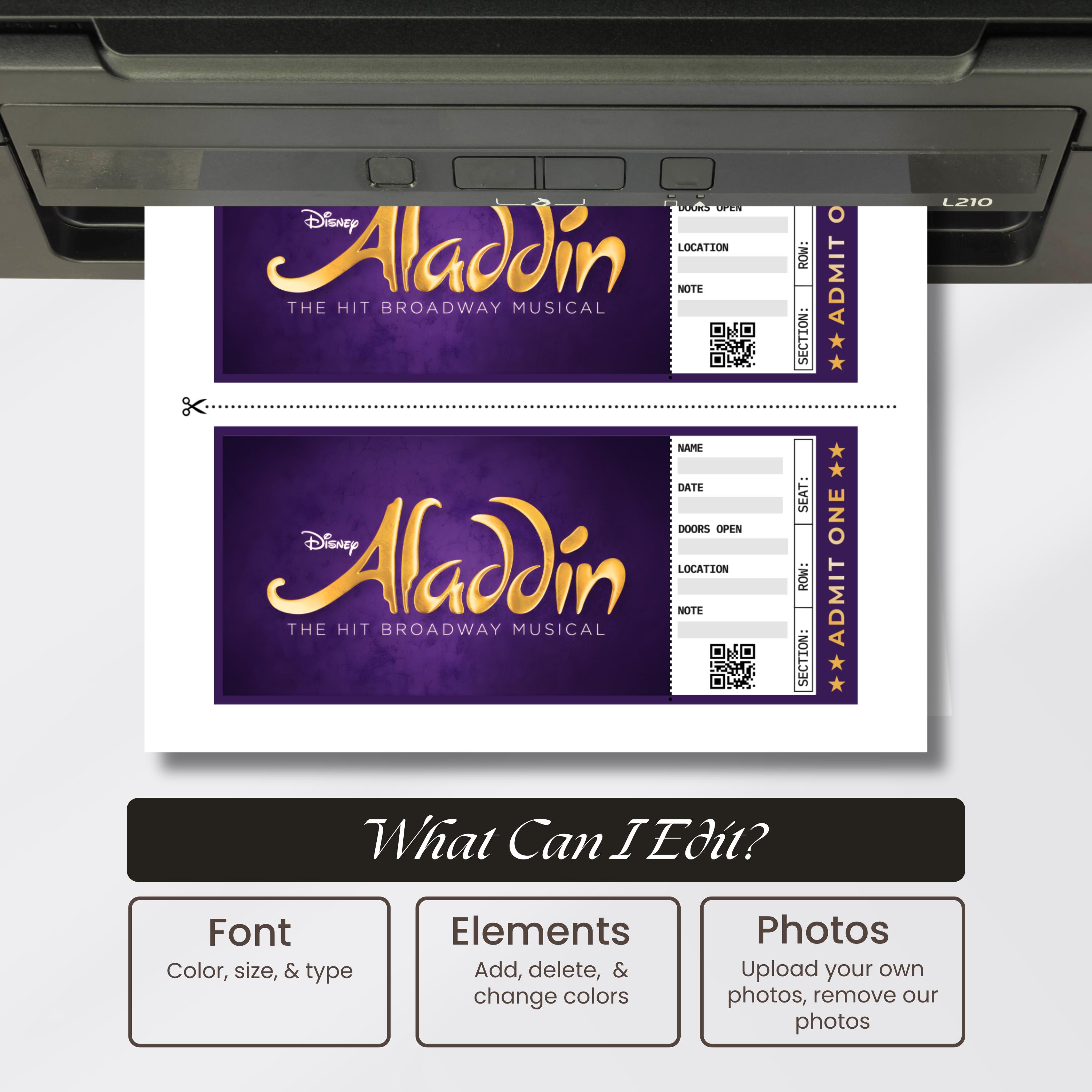 Editable Aladdin Musical Theatre Ticket, Personalized Gift Reveal ...