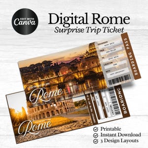 Carta d'imbarco stampabile per Roma, biglietto regalo digitale per un viaggio a sorpresa a Roma, stai andando in Italia!, carta d'imbarco stampabile, biglietto modificabile con Canva