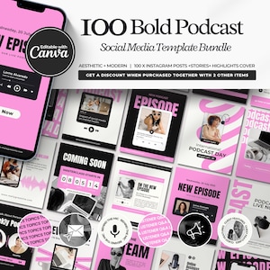 Könnte beinhalten: Ästhetisches und modernes Social-Media-Vorlagenpaket für Podcasts. Das Design verfügt über ein rosa und schwarzes Farbschema mit dem Text "100 Bold Podcast" und "Social Media Template Bundle". Enthält Instagram-Posts, Stories und Highlight-Cover.
