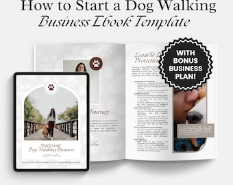 Op de afbeelding: Een digitale ebook-sjabloon voor het starten van een hondenuitlaatservice. De omslag toont een vrouw die een hond uitlaat op een pad in een park. Het ebook is volledig bewerkbaar met Canva en is 8,5 x 11 inch groot. Het bevat een bonus-bedrijfsvoorstel.