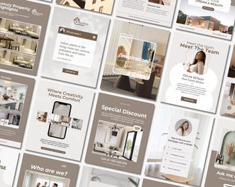 May include: A collage of social media posts for a real estate company. The posts feature images of homes, interior design tips, and information about the company's services. The text on the posts includes phrases like "Luxury Property Highlights", "Where Creativity Meets Comfort", "Special Discount", "Meet the Team", and "Client Feedback".