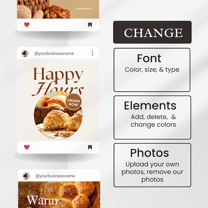 K&ouml;nnte beinhalten: Zwei Instagram-Posts, die eine B&auml;ckerei bewerben. Der erste Beitrag zeigt ein Foto von Brot mit dem Text "Happy Hours" und "Jetzt bestellen". Der zweite Beitrag zeigt ein Foto von Brot mit dem Text "Warm".