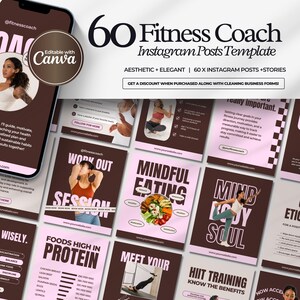 Editable fitness Instagram templates featuring nutrition tips, personal trainer posts, workout content, health coaching, and wellness designs for fitness coaches, trainers, and health professionals.