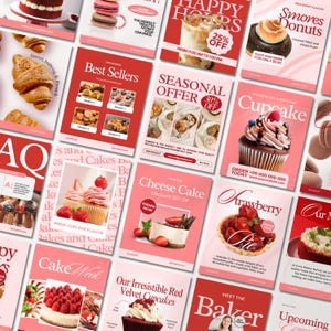 以下が含まれることがあります： 赤いベルベットのカップケーキ、イチゴのショートケーキ、チーズケーキ、ドーナツ、クロワッサンなど、さまざまなベーカリーアイテムを特集した画像のコラージュ。画像はグリッドパターンで配置され、赤とピンクのカラーテーマを採用しています。画像には「ハッピーアワー25％オフ」と「季節限定オファー30％オフ」のテキストが表示されています。