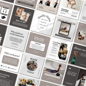 Könnte beinhalten: Eine Collage aus Instagram-Posts, die einen Fitness-Coaching-Service bewerben. Die Posts zeigen Bilder einer Frau beim Training, Text über gesunde Gewohnheiten und eine Erinnerung an eine Coaching-Sitzung. Der Text enthält Sätze wie "Verwandle deinen Körper", "Gesunde Gewohnheiten", "Kostenlose Sitzung", "Warum Ziele wirklich wichtig sind", "Wusstest du?", "Heute buchen", "Coaching-Sitzung", "Über mich" und "Berühre den Körper, heile den Geist, beruhige den Geist".