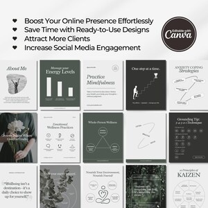 K&ouml;nnte beinhalten: Eine Sammlung von Social-Media-Vorlagen mit minimalistischem Design. Die Vorlagen enthalten Text und Grafiken zu Wellness, Achtsamkeit und pers&ouml;nlichem Wachstum. Das Canva-Logo ist oben rechts sichtbar.