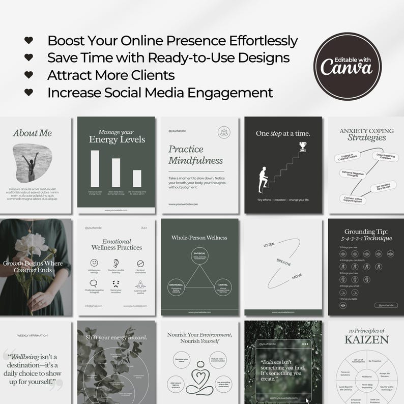 K&ouml;nnte beinhalten: Eine Sammlung von Social-Media-Vorlagen mit minimalistischem Design. Die Vorlagen enthalten Text und Grafiken zu Wellness, Achtsamkeit und pers&ouml;nlichem Wachstum. Das Canva-Logo ist oben rechts sichtbar.