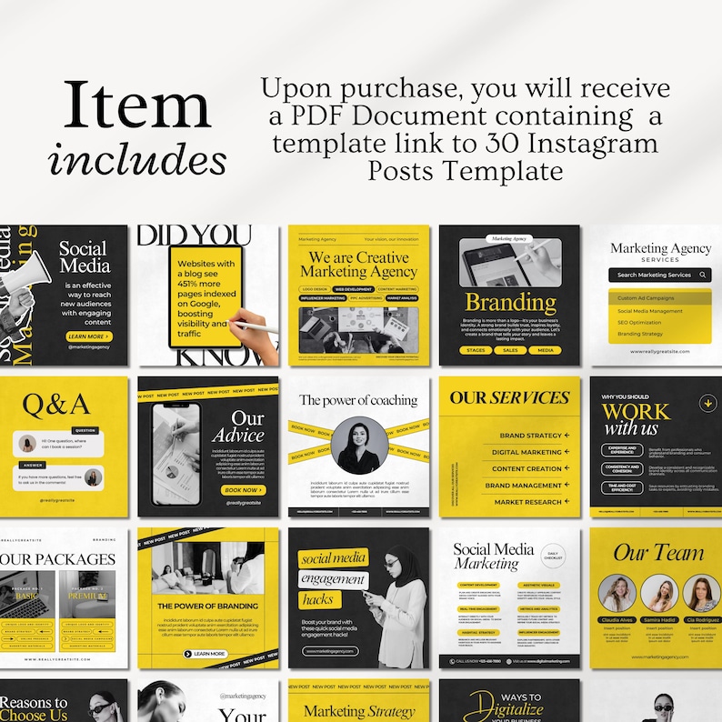 Editable digital marketing Instagram templates featuring agency posts, business carousels, social media management tips, coaching content, and professional designs for social media managers, coaches, and digital agencies.