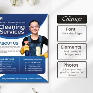 Editable cleaning business flyer template featuring residential and commercial cleaning services, professional company details, promotional offers, and a printable brochure design for cleaners and small businesses.