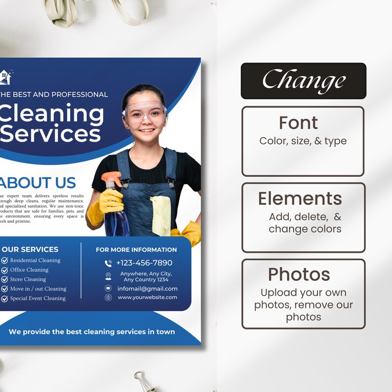 Editable cleaning business flyer template featuring residential and commercial cleaning services, professional company details, promotional offers, and a printable brochure design for cleaners and small businesses.
