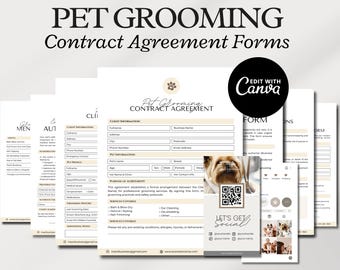 Pet Client Grooming Contract, Dog Grooming Services Agreement, Cat Client Liability Waiver, Photo Release Form, Editable Canva Template