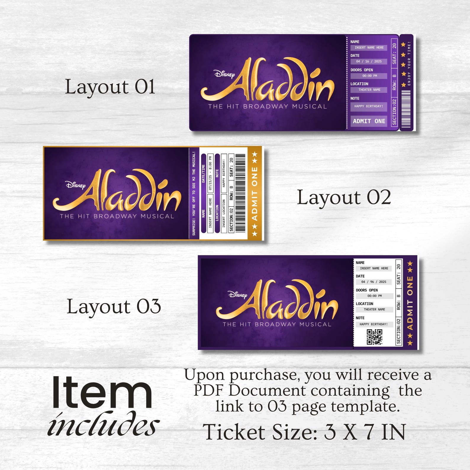 Editable Aladdin Musical Theatre Ticket, Personalized Gift Reveal ...