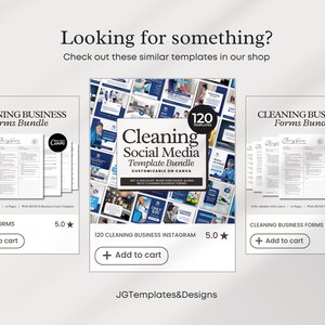 May include: Three digital product listings for cleaning business templates. The first listing is for a cleaning business forms bundle with a blue and white design. The second listing is for a cleaning social media template bundle with a blue and white design and the text "120 Templates". The third listing is for cleaning business forms with a blue and white design.